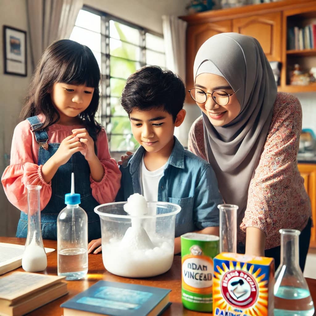 a Muslim family conducting a simple volcano experiment at home. 