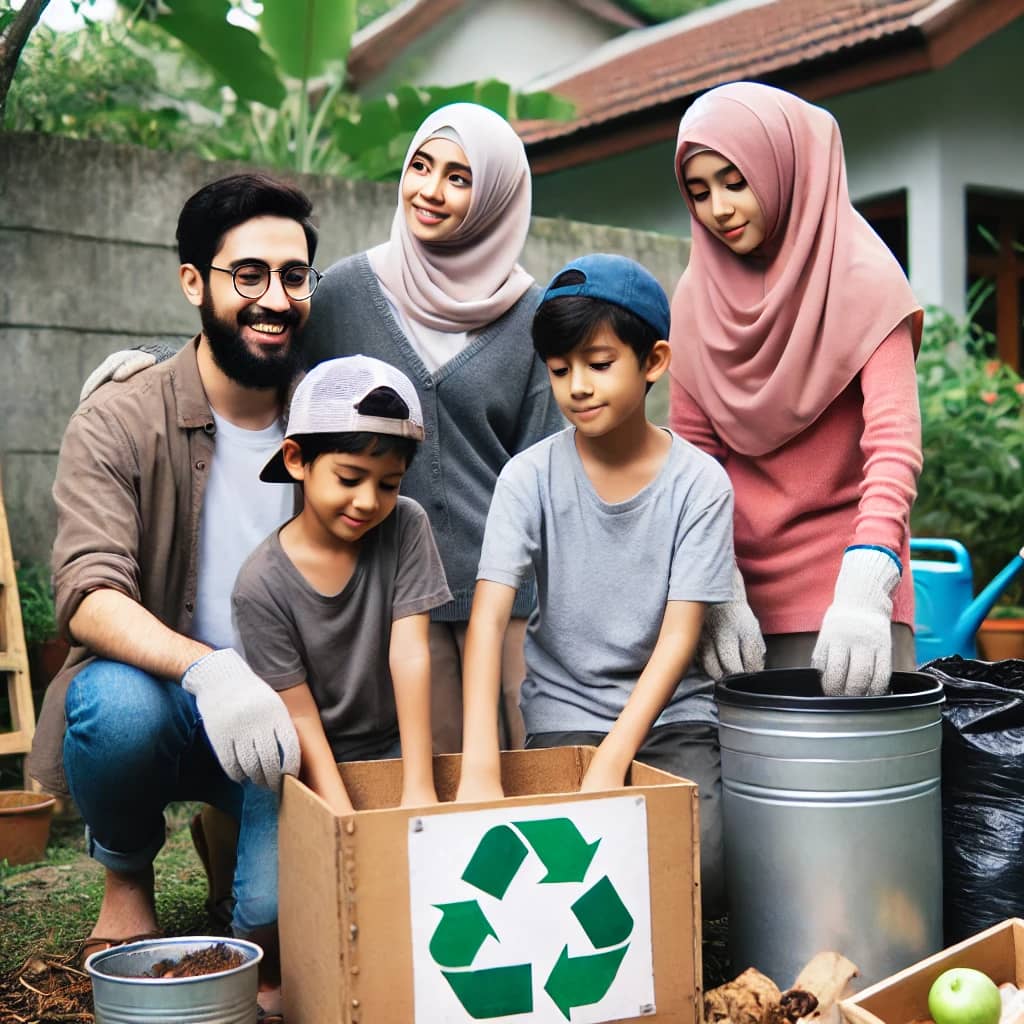 A Muslim family—father, mother, and two children—working together on a recycling project in their backyard. The father is wearing a casual shirt and the mother is in a hijab, while the children wear t-shirts and caps. They are using recycled materials to create a compost bin, with a background of plants and a garden.