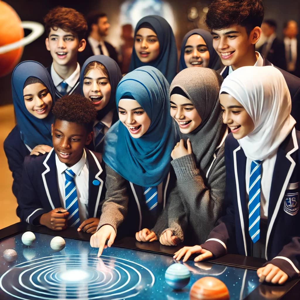 illustration of a group of Muslim students exploring a science museum and interacting with a hands-on exhibit.