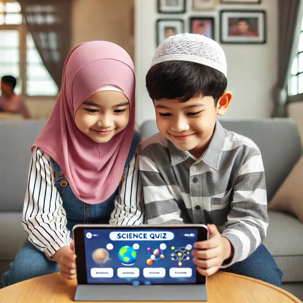 illustration featuring two Muslim children playing an interactive science quiz game on a tablet.