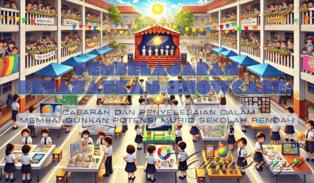 suasana showcase di sekolah rendah, di mana murid-murid mempersembahkan projek mereka dalam pelbagai mata pelajaran